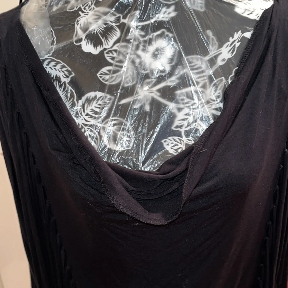 Micheal Kors size large black 3/4 sleeve fringe top ,draped neckline  banded hem